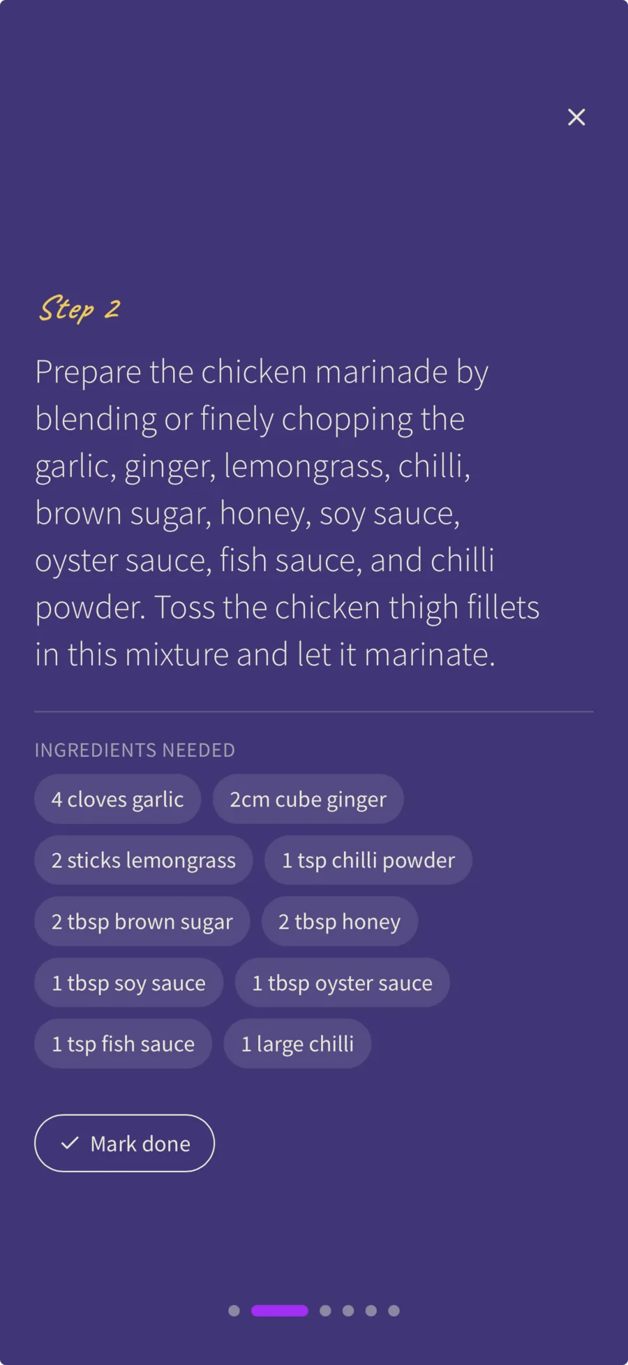 Full screen cook mode in YoHugo, showing one step at a time with the ingredients it needs