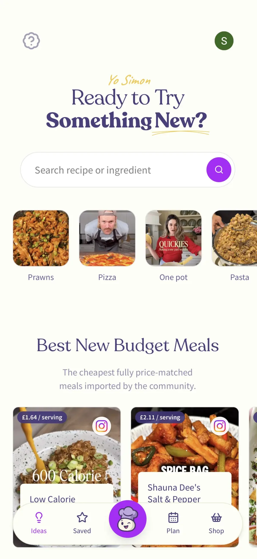 The YoHugo home screen, showing recipe search and the cheapest price matched meals